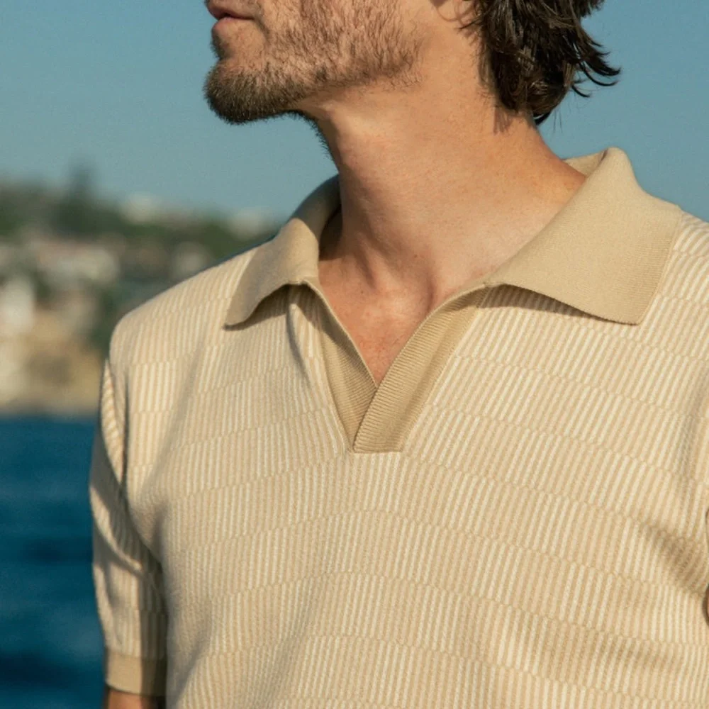 Dandy Del Mar Mens Sebastian Notched Johnny Collar V-Neck Knit Polo Casual Shirt - Picture 5 of 10